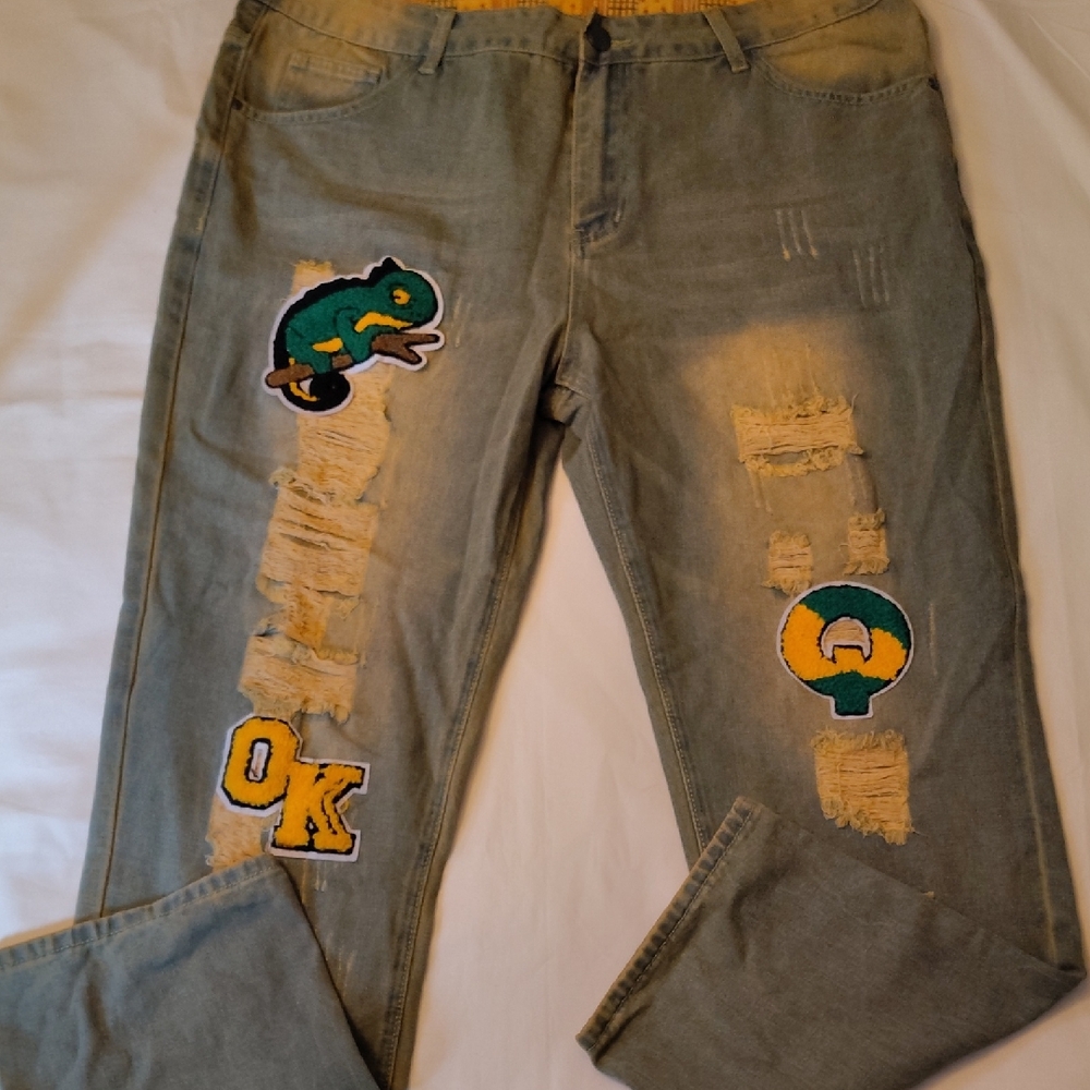 Distressed Jeans Gray Color Patches Size 42 Relaxed NWOT New